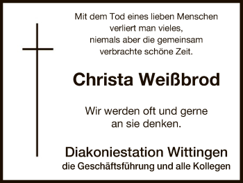 Traueranzeige von Christa Weißbrod von Uelzen