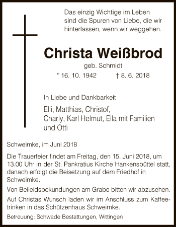 Traueranzeige von Christa Weißbrod von Uelzen