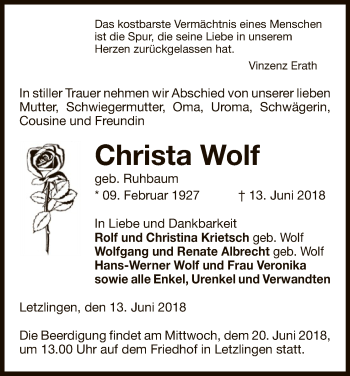 Traueranzeige von Christa Wolf von Uelzen