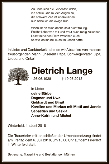 Traueranzeige von Dietrich Lange von Uelzen