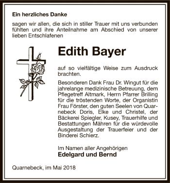 Traueranzeige von Edith Bayer von Uelzen