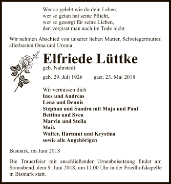 Traueranzeige von Elfriede Lüttke von Uelzen