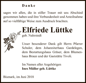 Traueranzeige von Elfriede Lüttke von Uelzen