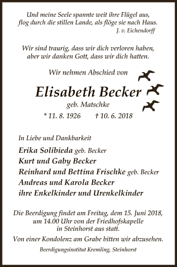 Traueranzeige von Elisabeth Becker von Uelzen