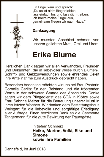 Traueranzeige von Erika Blume von Uelzen