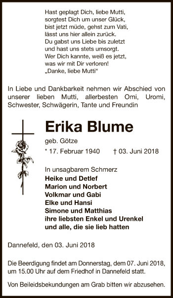 Traueranzeige von Erika Blume von Uelzen