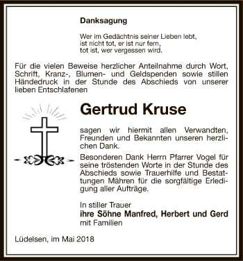 Traueranzeige von Gertrud Kruse von Uelzen