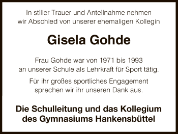 Traueranzeige von Gisela Gohde von Uelzen