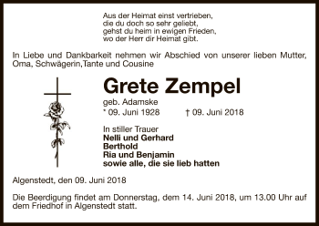 Traueranzeige von Grete Zempel von Uelzen