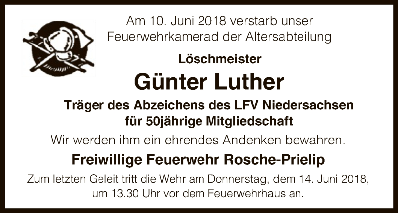  Traueranzeige für Günter Luther vom 13.06.2018 aus Uelzen