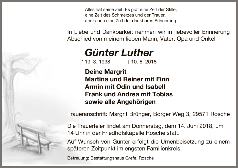  Traueranzeige für Günter Luther vom 12.06.2018 aus Uelzen