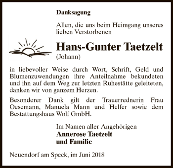 Traueranzeige von Hans-Gunter Taetzelt von Uelzen