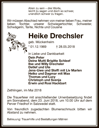 Traueranzeige von Heike Drechsler von Uelzen