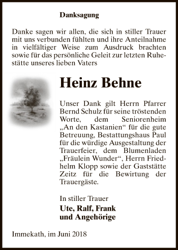 Traueranzeige von Heinz Behne von Uelzen