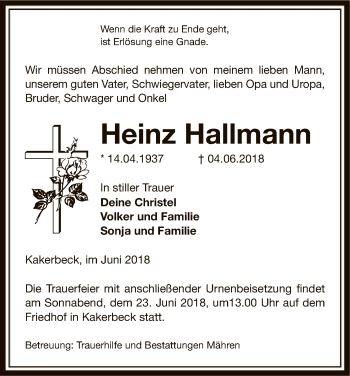 Traueranzeige von Heinz Hallmann von Uelzen