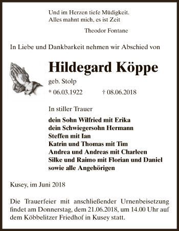 Traueranzeige von Hildegard Köppe von Uelzen