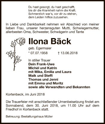 Traueranzeige von Ilona Bäck von Uelzen