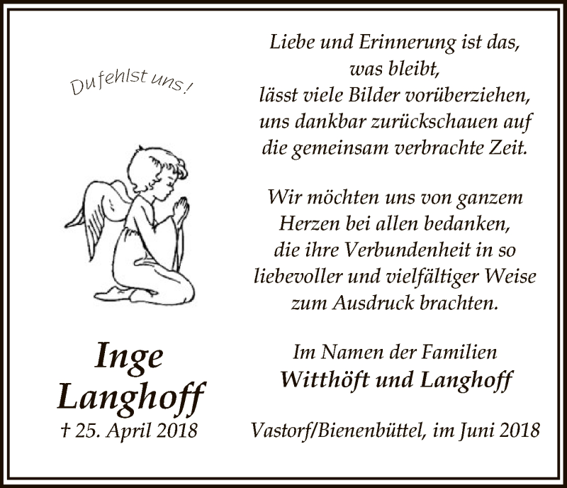  Traueranzeige für Inge Langhoff vom 02.06.2018 aus Uelzen