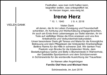 Traueranzeige von Irene Herz von Uelzen