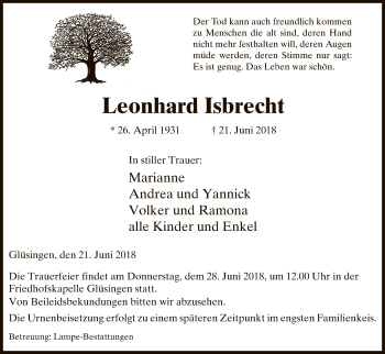 Traueranzeige von Leonhard Isbrecht von Uelzen