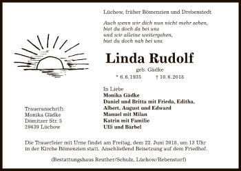 Traueranzeige von Linda Rudolf von Uelzen