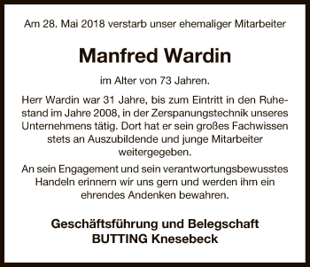 Traueranzeige von Manfred Wardin von Uelzen