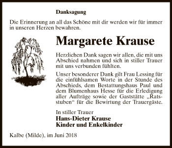 Traueranzeige von Margarete Krause von Uelzen