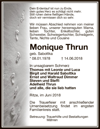 Traueranzeige von Monique Thrun von Uelzen