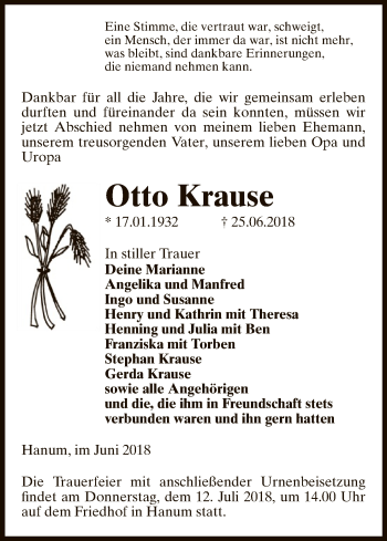 Traueranzeige von Otto Krause von Uelzen