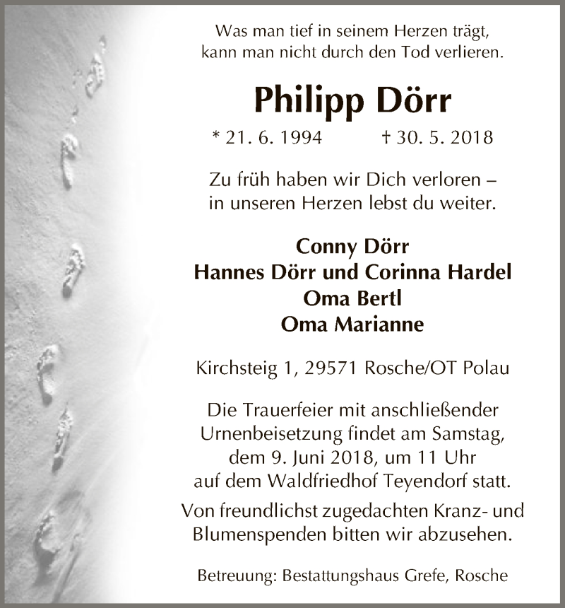  Traueranzeige für Philipp Dörr vom 05.06.2018 aus Uelzen