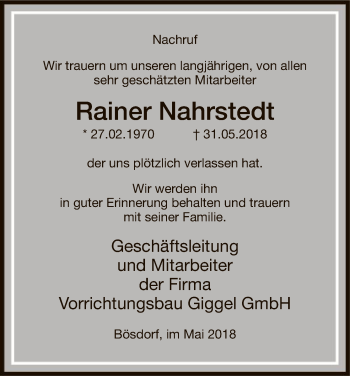 Traueranzeige von Rainer Nahrstedt von Uelzen