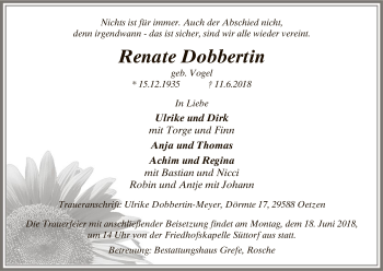 Traueranzeige von Renate Dobbertin von Uelzen