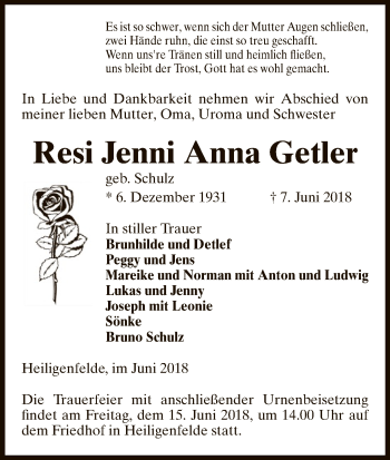 Traueranzeige von Resi Jenni Anna Getler von Uelzen