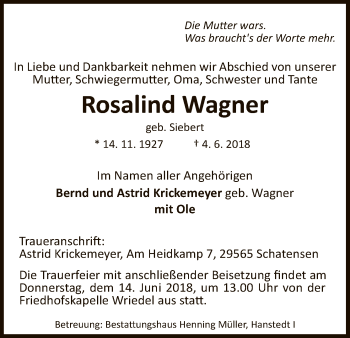 Traueranzeige von Rosalind Wagner von Uelzen