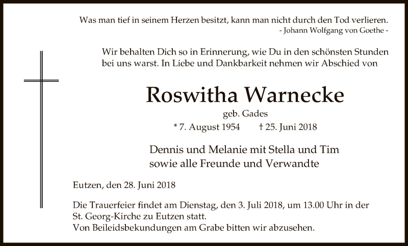  Traueranzeige für Roswitha Warnecke vom 28.06.2018 aus Uelzen