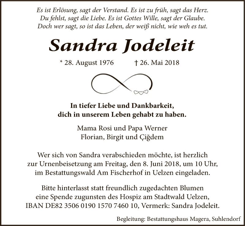  Traueranzeige für Sandra Jodeleit vom 02.06.2018 aus Uelzen