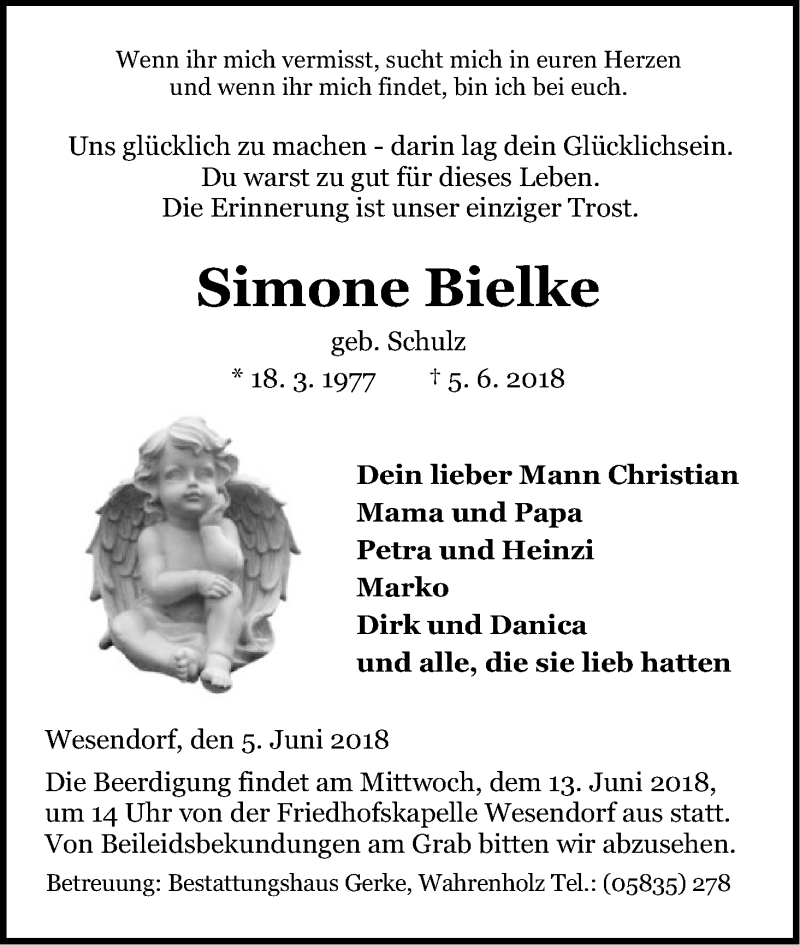  Traueranzeige für Simone Bielke vom 09.06.2018 aus Uelzen