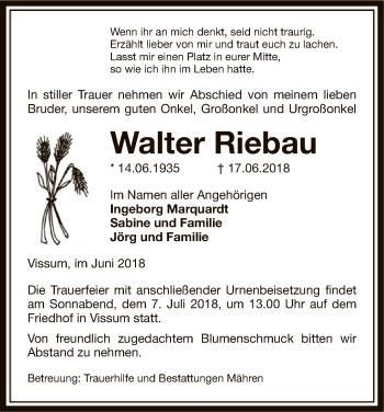 Traueranzeige von Walter Riebau von Uelzen