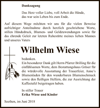 Traueranzeige von Wilhelm Wiese von Uelzen