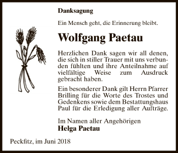 Traueranzeige von Wolfgang Paetau von Uelzen