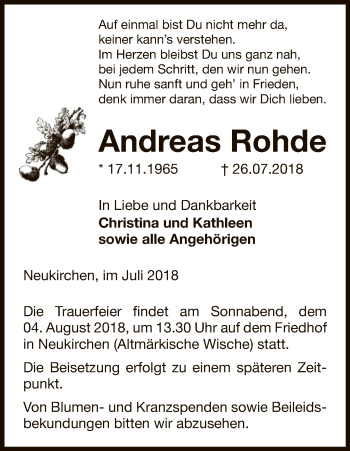 Traueranzeige von Andreas Rohde von Uelzen