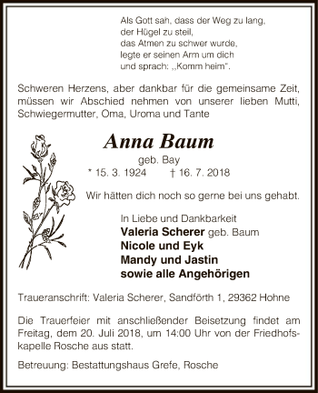 Traueranzeige von Anna Baum von Uelzen