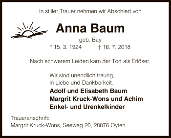 Traueranzeige von Anna Baum von Uelzen