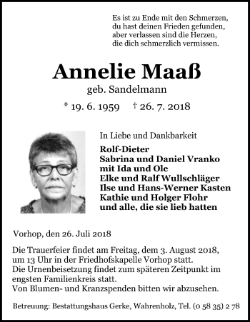 Traueranzeige von Annelie Maaß von Uelzen