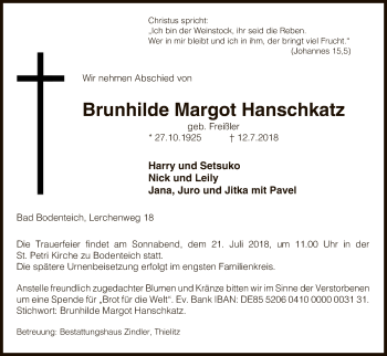 Traueranzeige von Brunhilde Margot Hanschkatz von Uelzen