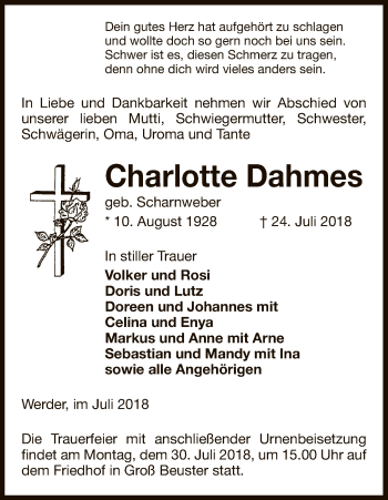 Traueranzeige von Charlotte Dahmes von Uelzen