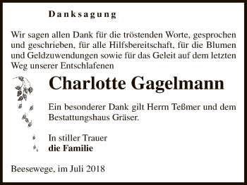 Traueranzeige von Charlotte Gagelmann von Uelzen