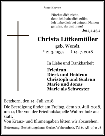 Traueranzeige von Christa Lütkemüller von Uelzen