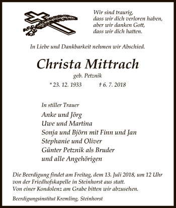 Traueranzeige von Christa Mittrach von Uelzen