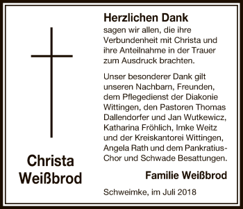 Traueranzeige von Christa Weißbrod von Uelzen